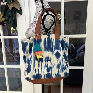 Lu & Elle Laguna Tote Blue and White with Brown Accents